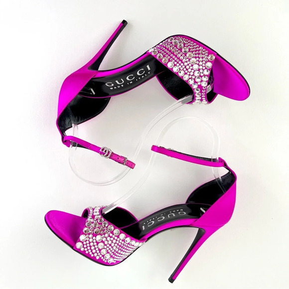 New GUCCI Crystal GG Embellished Hot Pink Fuchsia Satin Heel Sandal Ankle Strap - Picture 5 of 14